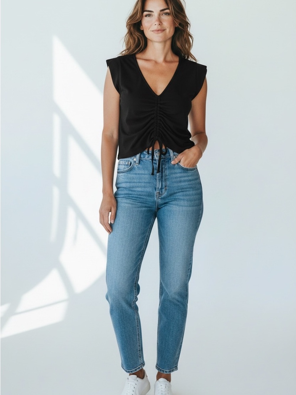 Roxy Black Ruched V-Neck Cap Sleeve Cropped Top Size Medium